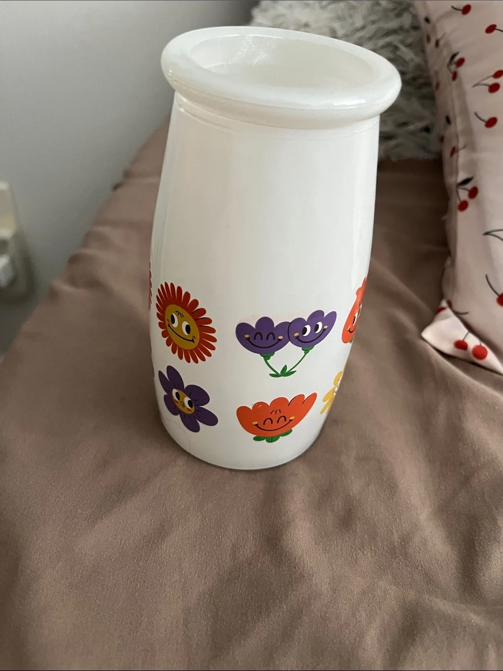 White Ceramic Vase with Colorful Smiley Flowers 5.75” tall